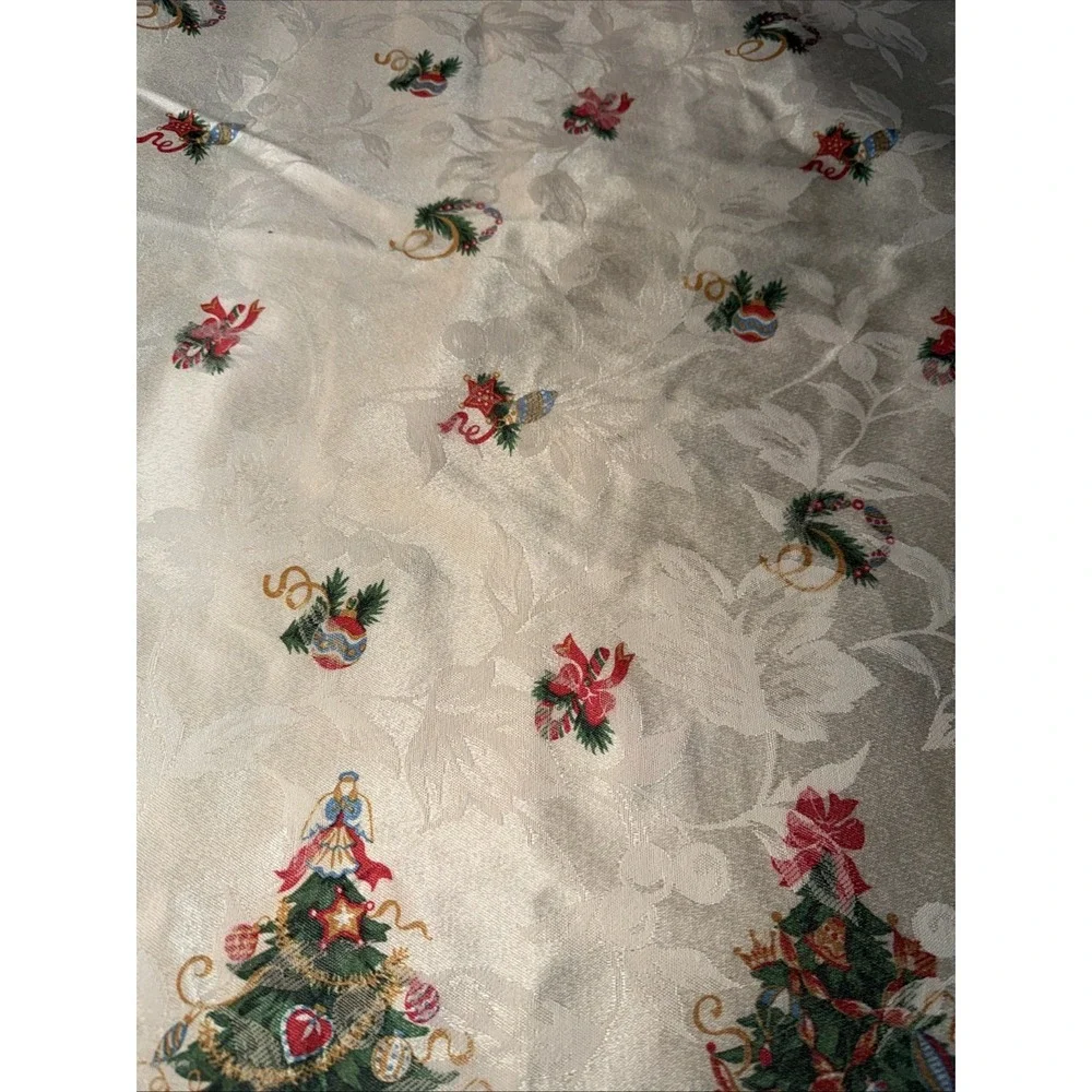 Vintage Christmas Tree Tablecloth Oblong Ivory Satin Holiday Festive 58